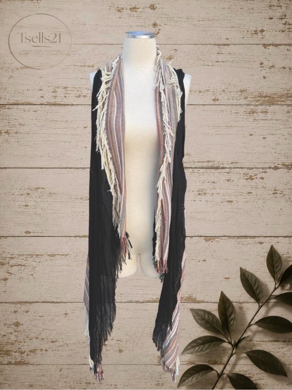 NWT Vince Camuto Striped Fringe Open Front Duster Vest - Size OS